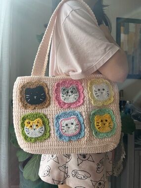 Crocheted Cat Face Tote Bag in Soft Pink with Multicolor Accents